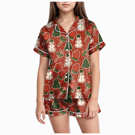 sdbrld Kids Girls Christmas Pajama, 2Pcs Soft Stretch Button Down Pjs Short Sleeve Sleepwear and Shorts Matching Set Sizes 2-3 Years