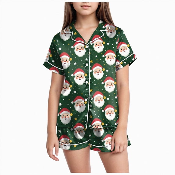 sdbrld Kids Girls Christmas Pajama, 2Pcs Soft Stretch Button Down Pjs Short Sleeve Sleepwear and Shorts Matching Set Sizes 6-7 Years