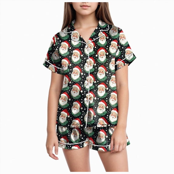 sdbrld Kids Girls Christmas Pajama, 2Pcs Soft Stretch Button Down Pjs Short Sleeve Sleepwear and Shorts Matching Set Sizes 6-7 Years