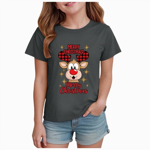 sdbrld Kids Girls Christmas T-shirt Cute Cartoon Graphics Short Sleeve Top Fall Winter Clothes Dark Gray Sizes 3-4 Years