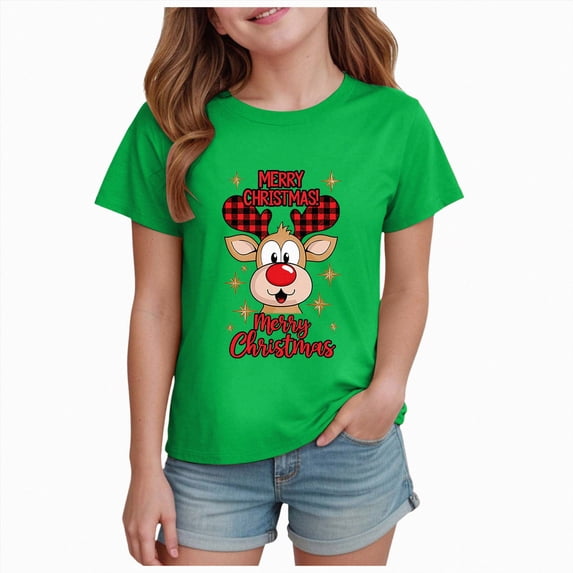 sdbrld Kids Girls Christmas T-shirt Cute Cartoon Graphics Short Sleeve Top Fall Winter Clothes Green Sizes 13-14 Years