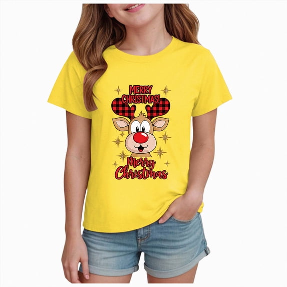 sdbrld Kids Girls Christmas T-shirt Cute Cartoon Graphics Short Sleeve Top Fall Winter Clothes Yellow Sizes 9-10 Years
