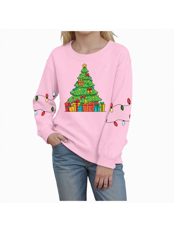 Kids Girls Merry Christmas Long Sleeve Graphic Shirt Funny Xmas Holiday Family Party Matching Tops Pink Sizes 3-4 Years