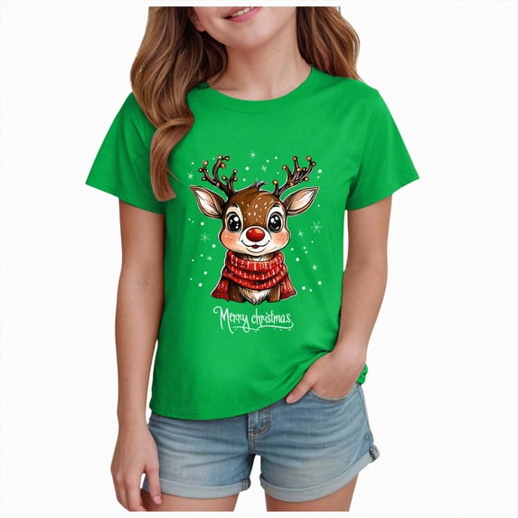 sdbrld Kids Merry Christmas Gift Girls Xmas Cartoon Short Sleeve TShirts Tops for Fall Holiday Wear Green Sizes 3-4 Years