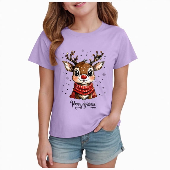 sdbrld Kids Merry Christmas Gift Girls Xmas Cartoon Short Sleeve TShirts Tops for Fall Holiday Wear Purple Sizes 9-10 Years