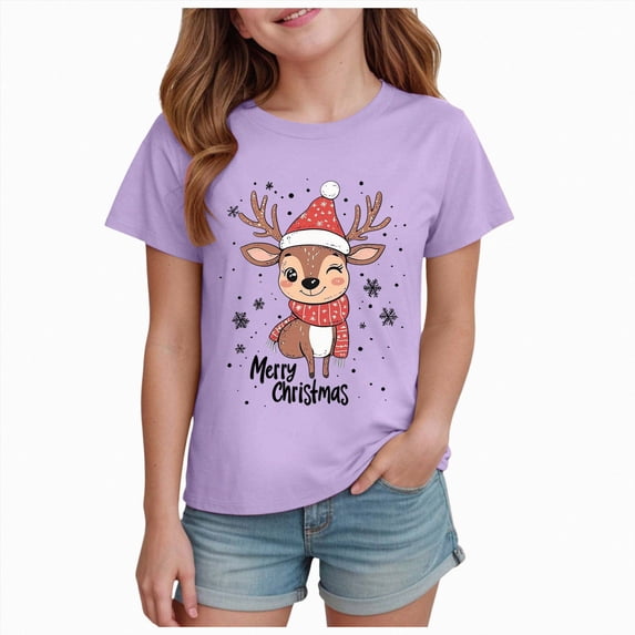 sdbrld Kids Merry Christmas Gift Girls Xmas Cartoon Short Sleeve Tshirts Tops for Holiday Wear Purple Sizes 9-10 Years