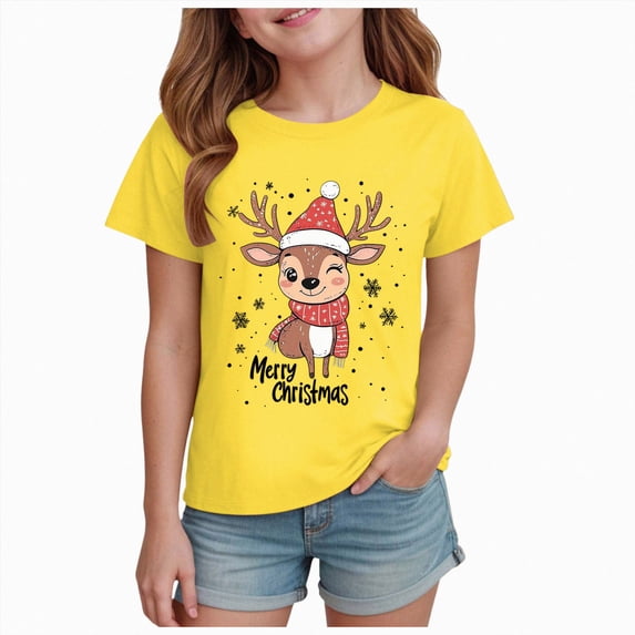 sdbrld Kids Merry Christmas Gift Girls Xmas Cartoon Short Sleeve Tshirts Tops for Holiday Wear Yellow Sizes 13-14 Years