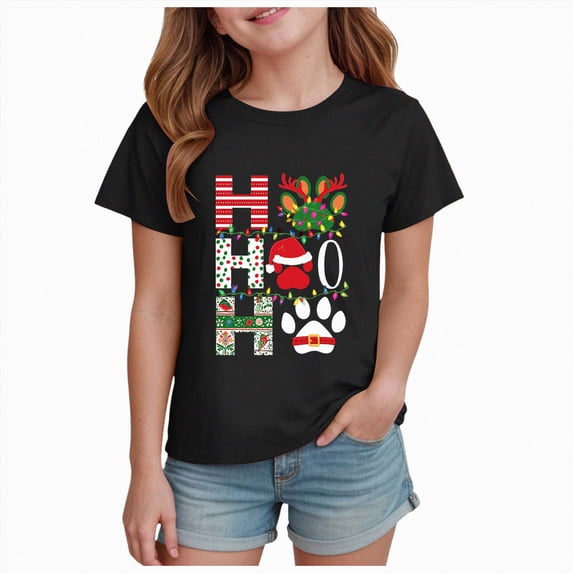 sdbrld Kids Merry Christmas T-Shirt Girls Cute Short Sleeve Tee for Fall Holiday Party and Xmas Gifts Black Sizes 5-6 Years