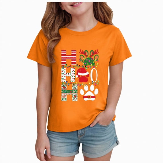sdbrld Kids Merry Christmas T-Shirt Girls Cute Short Sleeve Tee for Fall Holiday Party and Xmas Gifts Orange Sizes 9-10 Years