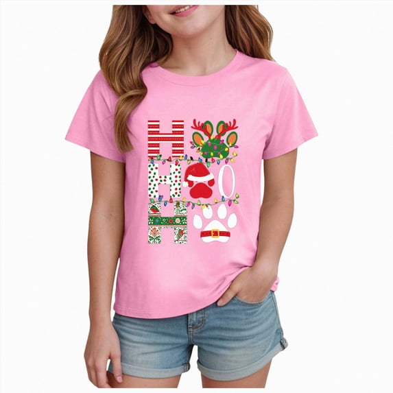 sdbrld Kids Merry Christmas T-Shirt Girls Cute Short Sleeve Tee for Fall Holiday Party and Xmas Gifts Pink Sizes 7-8 Years