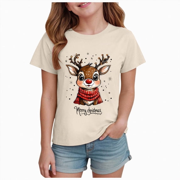 sdbrld Kids Xmas Shirts for Girls Christmas Short Sleeve Funny T-Shirt Tops for Holiday Party Clothes Beige Sizes 5-6 Years