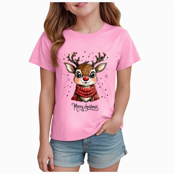 sdbrld Kids Xmas Shirts for Girls Christmas Short Sleeve Funny T-Shirt Tops for Holiday Party Clothes Pink Sizes 13-14 Years
