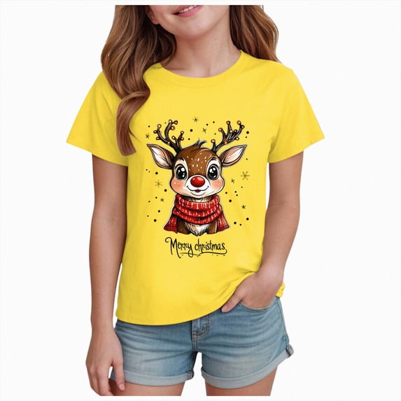 sdbrld Kids Xmas Shirts for Girls Christmas Short Sleeve Funny T-Shirt Tops for Holiday Party Clothes Yellow Sizes 13-14 Years