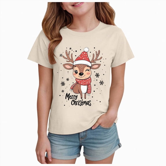 sdbrld Kids Xmas Shirts for Girls Merry Christmas Short Sleeve Funny T-Shirt Tops for Holiday Party Clothes Beige Sizes 13-14 Years