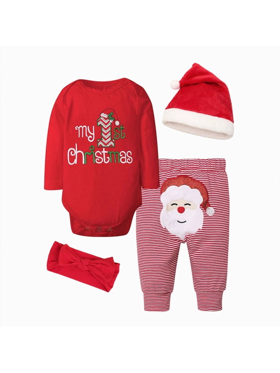 My 1st Christmas Outfit for Baby Girls Long Sleeve Romper + Pants + Christmas Hat + Headband 4 Pcs Cute Xmas Gift Set Red Sizes 6-9 Months