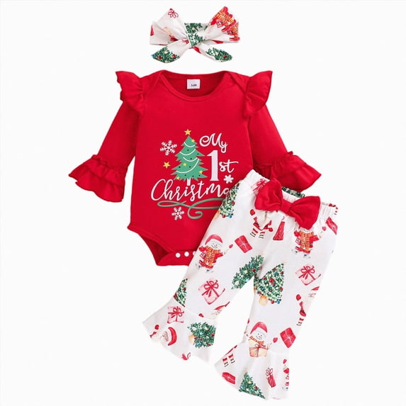 sdbrld Newborn Baby Girl My 1st Christmas Outfits Long Sleeve Romper with Pants Headband 3Pcs Infant Fall Winter Clothes Red Sizes 3-6 Months