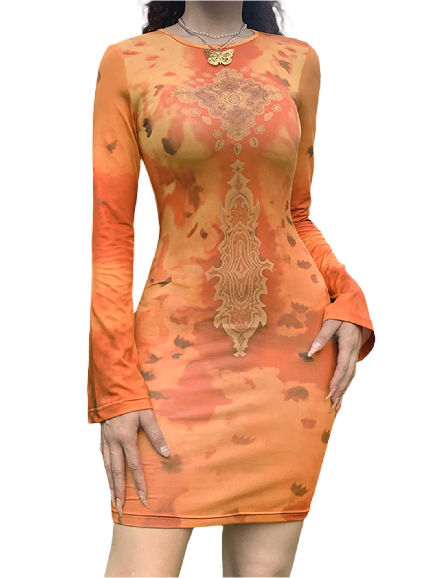 Round neck abstract print bodycon dress 2025