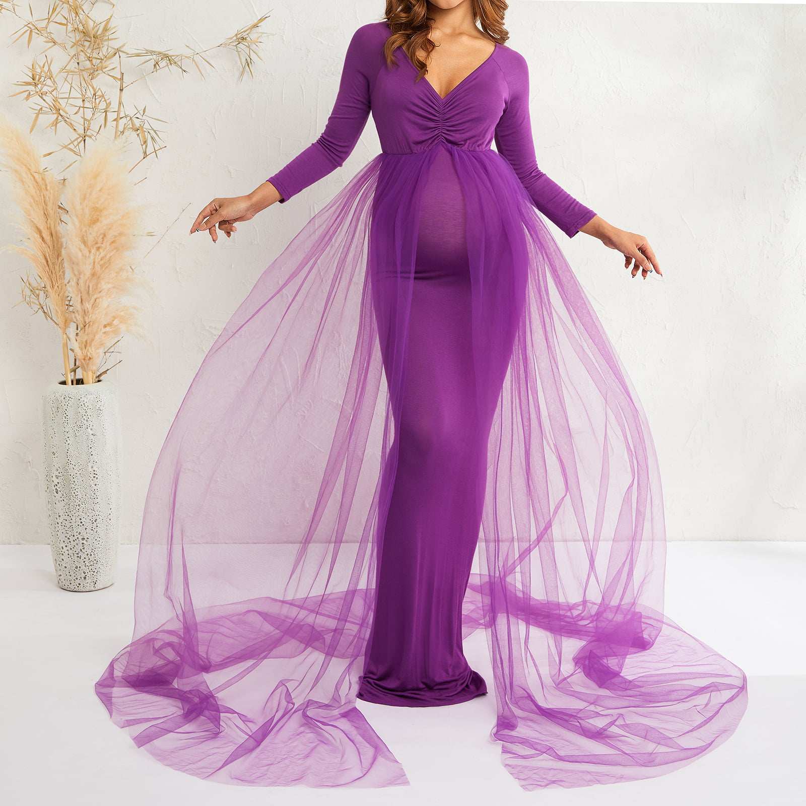 Lavender Maternity Gown Dress Photoshoot Off Shoulder Longsleeve