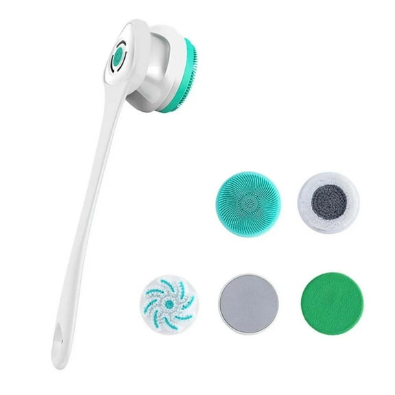 sdhkgrrt 5 In 1 Body Cleaning Brush, Long Handle Shower Brush for Men and Women, Electric Exfoliating Back Scrubber and Massage Brush, Waterproof Bath Brush for Home Spa Shower and Facial Cleansing