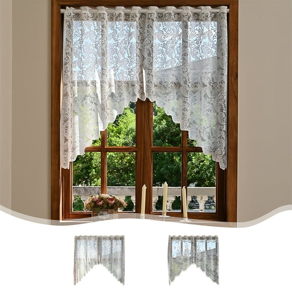 sdhkgrrt under $5 2Pcs Lace Curtain, Lace Half Curtain Window Shade,Semi Sheer Door Curtain with Rod Cover,Kitchen Bathroom Window Treatment,Living Room Bedroom Doorway Curtain,Decorative Short