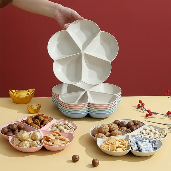 sdhkgrrt under $5 4Pcs Snack Tray, Wheat Straw Snack Tray,Compartment Candy Nut Tray,Eco Friendly Serving Platter,Round Snack Organizer,Food Grade Plastic Serving Tray