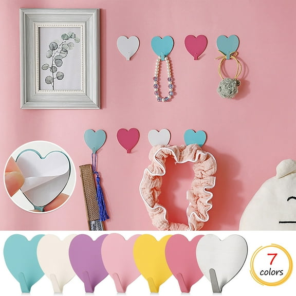 sdhkgrrt under $5 7Pcs Heart Sticky Hook, Heart Shape Sticky Hook,Stainless Steel Wall Hanger,Cute Love Design Adhesive,No Drill Home Organization,Pink Heart Hook