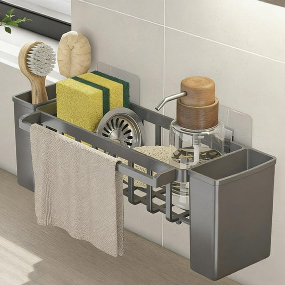 sdhkgrrt under $5 Sink Organizer, Kitchen Sink Caddy Organizer, Sponge Holder With Auto Draining, Sink Brush Soap Organizer Tray, Countertop Sink Caddy With Towel Rod, Plastic Sink Organizer