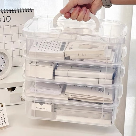 sdhkgrrt under $5 Stackable Organizer, Stackable Desktop Storage Box, Plastic Layered Storage Box with Handle Buckle, Large Opening for Easy Access, Minimalist Style for Office and Home