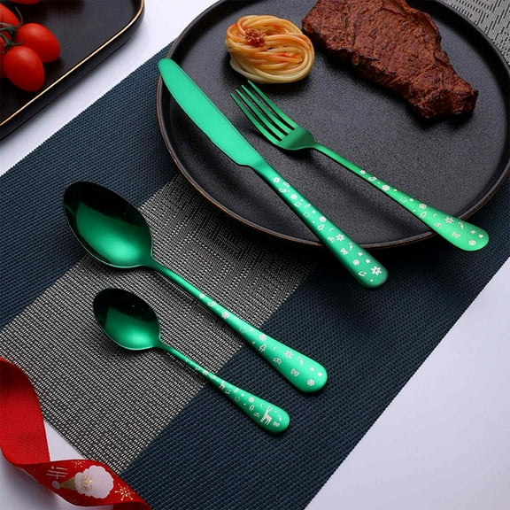 sdhkgrrt under $5 Stainless Steel Cutlery Set, Christmas Series Cutlery Stainless Steel Set,4 Piece Knife Fork Spoon Dinnerware,Holiday Table Setting,Festive Kitchen Dining Accessories,Party Dinner