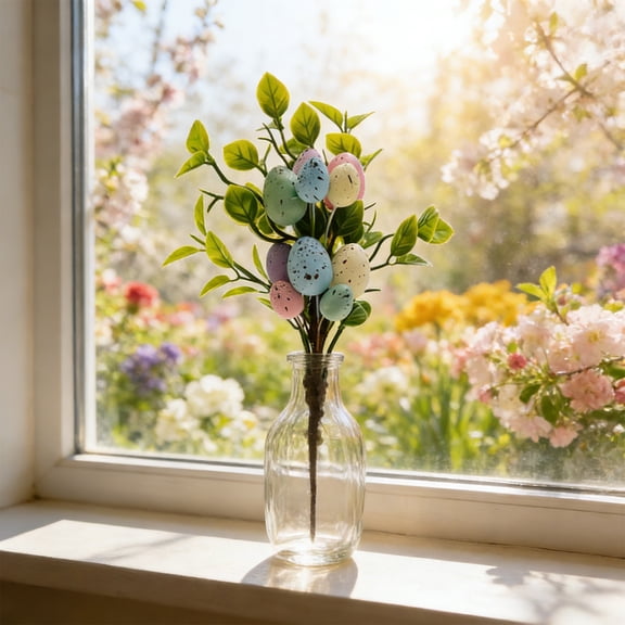 sdhkgrrt Easter Branches Artificial, Easter Simulated Branches Colorful Eggs, Artificial Leaves Bunny Spring Floral, Picks Festival Decoration for Vase Wreath Centerpiece Display