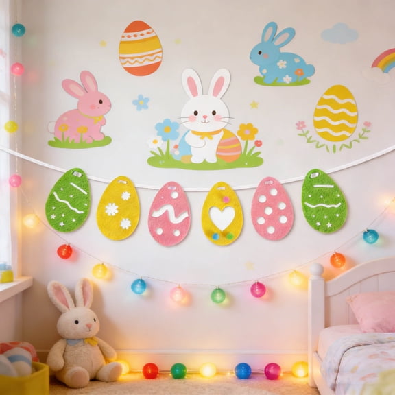 sdhkgrrt Easter Party Background, Colorful Felt Easter Egg Bunny Bunting Banner for Easter Party Decorations, Reusable Plastic Easter Party Background Banner for Home Classroom Church, Easter Egg