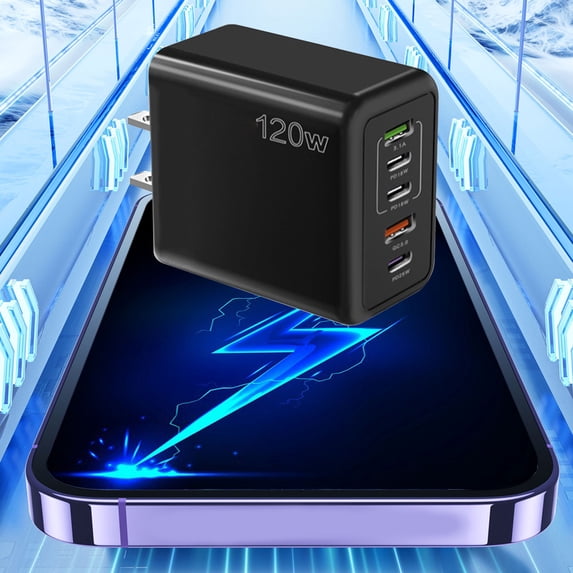 sdhkgrrt Fast Charging Power Adapter, 120w Fast Charger Block, 5-port USB C Wall Charger For Phones Tablets Laptops, Gan III Technology Rapid Charging Station, Multi Device Charging Hub Family Office