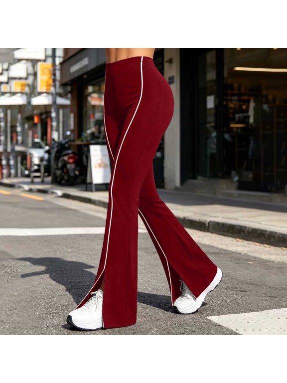 Flare Yoga Pants for Women Soft High Waist Bootcut Leggings Split Hem Contrasting Lines Bootleg Pants Gym Sports Pants, Wine S