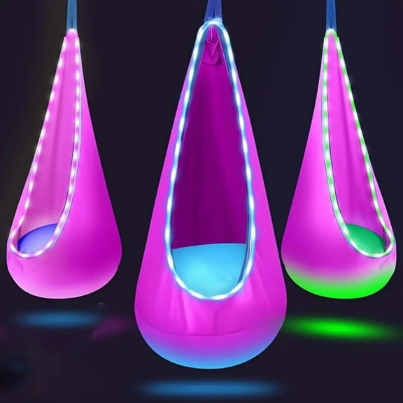 sdhkgrrt LED Light Up Hammock Swing Chair, Nylon Fabric Hanging Chair with LED Lights and Inflatable Pillow, Portable Indoor Outdoor Hanging Swing with Installation Kit, Patio Garden Bedroom Lounge