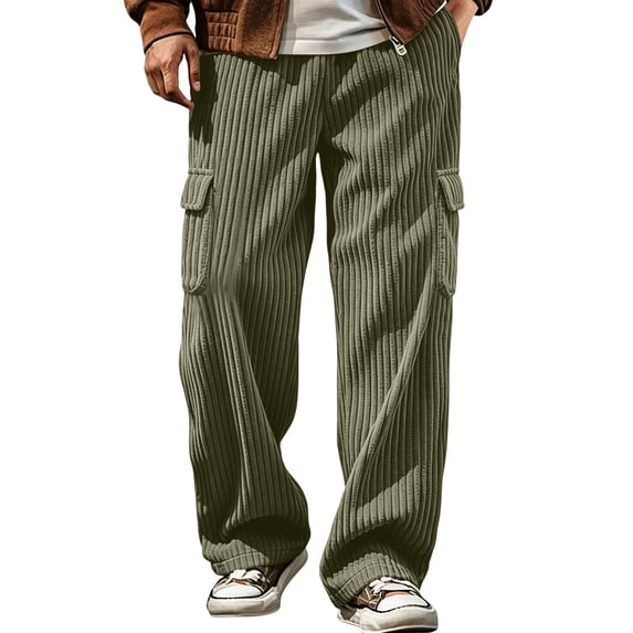 sdhkgrrt Men Plus Size Corduroy Cargo Pants Loose Fit Ribbed Casual Solid Long Track Trousers Outdoor Athletic Breathable Hiking Pants, Army Green S