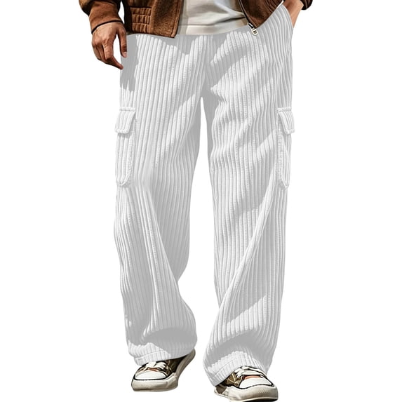 sdhkgrrt Men Plus Size Corduroy Cargo Pants Loose Fit Ribbed Casual Solid Long Track Trousers Outdoor Athletic Breathable Hiking Pants, White L