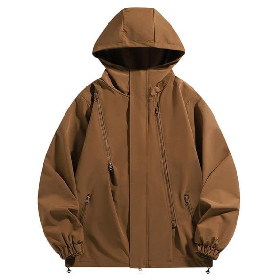 sdhkgrrt Men Plus Size Zip Up Hooded Jacket Fall Winter Casual Loose Windbreaker Outdoor Work Wear, Coffee XL