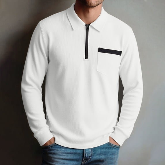 sdhkgrrt Men's Collared Long Sleeve Zipper Pullover Fall Winter Casual Basic Tops Fashion Trendy Work Business Outfits Clothes, White S