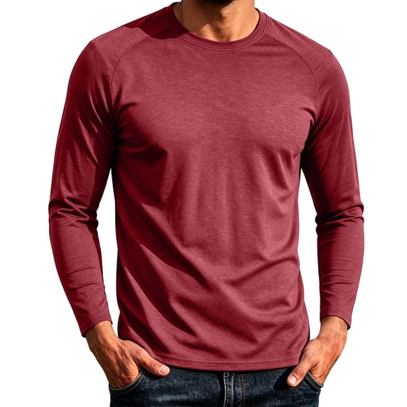 sdhkgrrt Men's Long Sleeve Round Neck T-Shirt Fall Winter Casual Pullover Solid Color Basic Top Loose Fit Everyday Wear Office Outfits, Wine L
