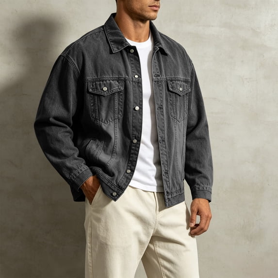 sdhkgrrt Men's Plus Size Denim Shacket Fall Winter Long Sleeve Collared Casual Jacket Button Down Work Outfits Loose Fit Clothes, Gray 3XL
