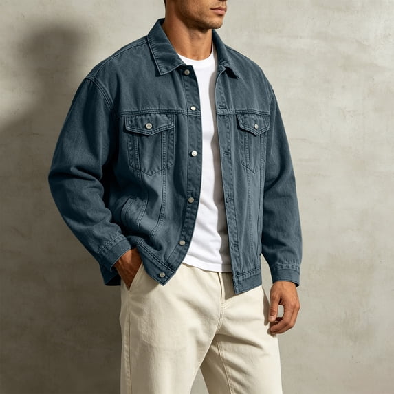 sdhkgrrt Men's Plus Size Denim Shacket Fall Winter Long Sleeve Collared Casual Jacket Button Down Work Outfits Loose Fit Clothes, Navy 5XL