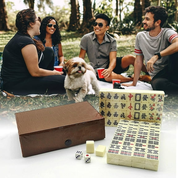 sdhkgrrt Mini Mahjong Set, Portable Travel Mahjong Game for Adults, 144 Tiles with Snake Skin Box and Dice, Traditional Chinese Mahjong for Family Party Indoor Outdoor Entertainment