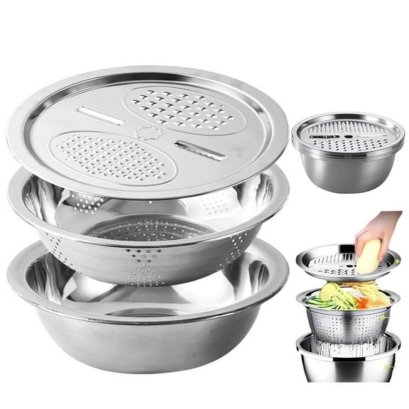 sdhkgrrt Multifunctional Stainless Steel Basket, 3 in Kitchen Colander Strainer and Grater, Heavy Duty 28CM Food Prep Bowl with Stand, Durable Steel Basket for Vegetable Washing Salad Mixing Pasta