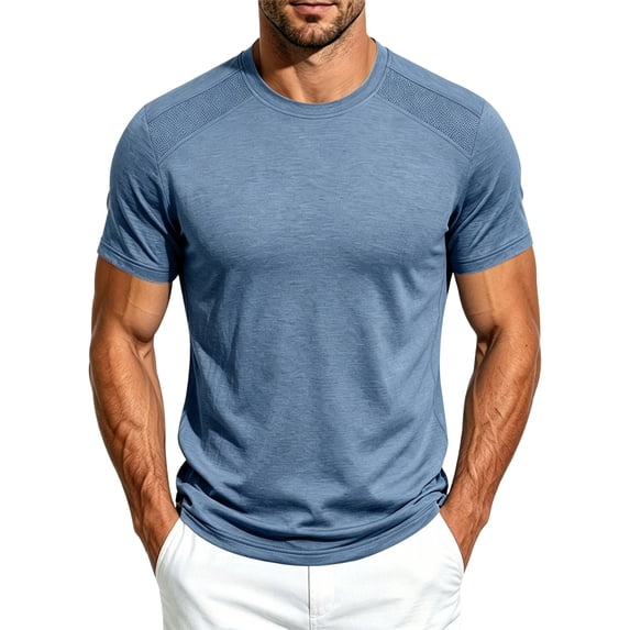 sdhkgrrt Plus Size Men Summer Round Neck Short Sleeve T-Shirts Casual Solid Basics Tee Tops Loose Fit Everyday Wear, Blue XL
