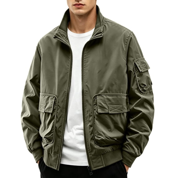 sdhkgrrt Plus Size Men's Zip Up Collared Long Sleeve Jacket Fall Winter Casual Basic Outwear Solid Trendy Work Business Coats, Army Green L