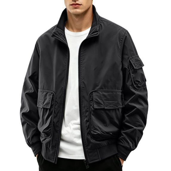 sdhkgrrt Plus Size Men's Zip Up Collared Long Sleeve Jacket Fall Winter Casual Basic Outwear Solid Trendy Work Business Coats, Black XL