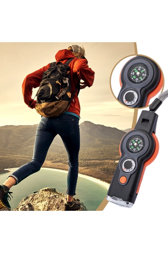 Survival Whistle Multi-Tool, Multi-functional Emergency Tool, Survival Whistle with LED Light, Compass, Thermometer, Signal Mirror, for Outdoor, Hiking, Camping, Emergency Kit, Keychain