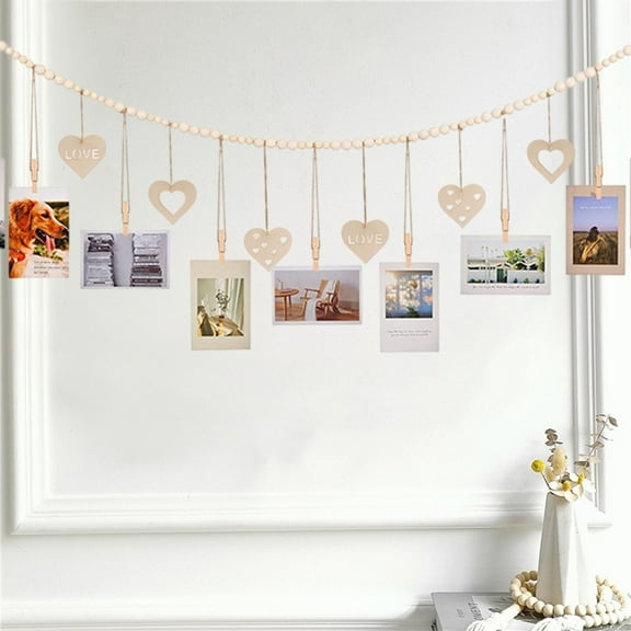 sdhkgrrt Valentine's Day Photo Holders, Wooden Beads Photo Clip Organizer for Valentine's Day Decor, Natural Wood Photo Wall Decorations for Home, Rustic Photo Display String for Bedroom Living Room