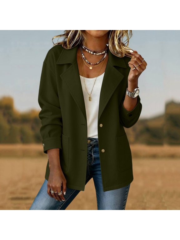 Women Linen Blazer Casual Open Front Button Down Fall Fashion Classic Work Office Tops Lightweight Jacket Loose Fit Outfits, Army Green S