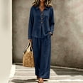 thumbnail image 1 of sdhkgrrt Women Plus Size 2 Piece Lounge Set Collared Long Sleeve Shirt Wide Leg Pants Solid Loose Boho Tracksuit Fall Winter Outfits, Navy 3XL, 1 of 8